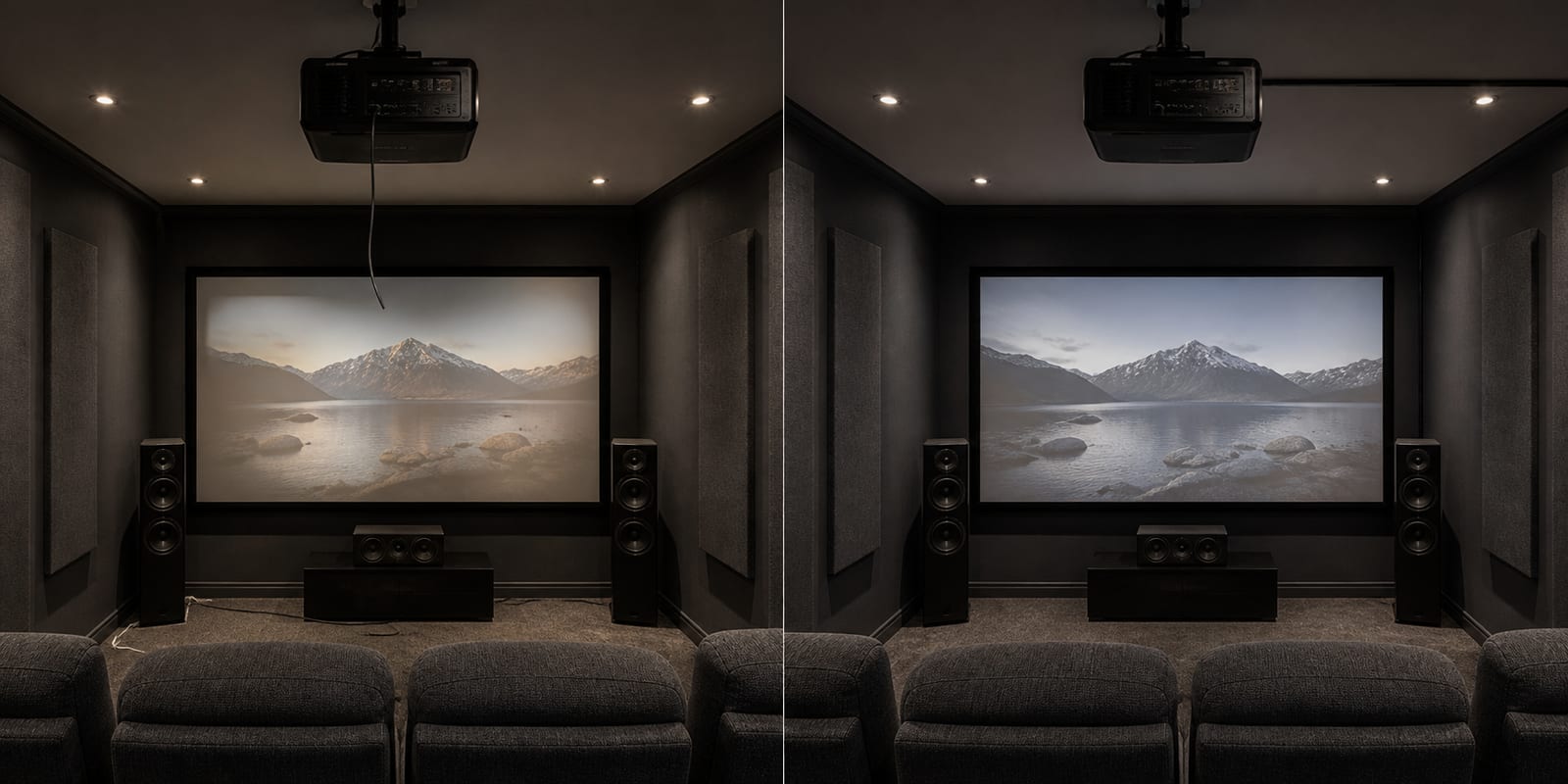 Conceptual comparison of the same cinema before and after basic care and calibration