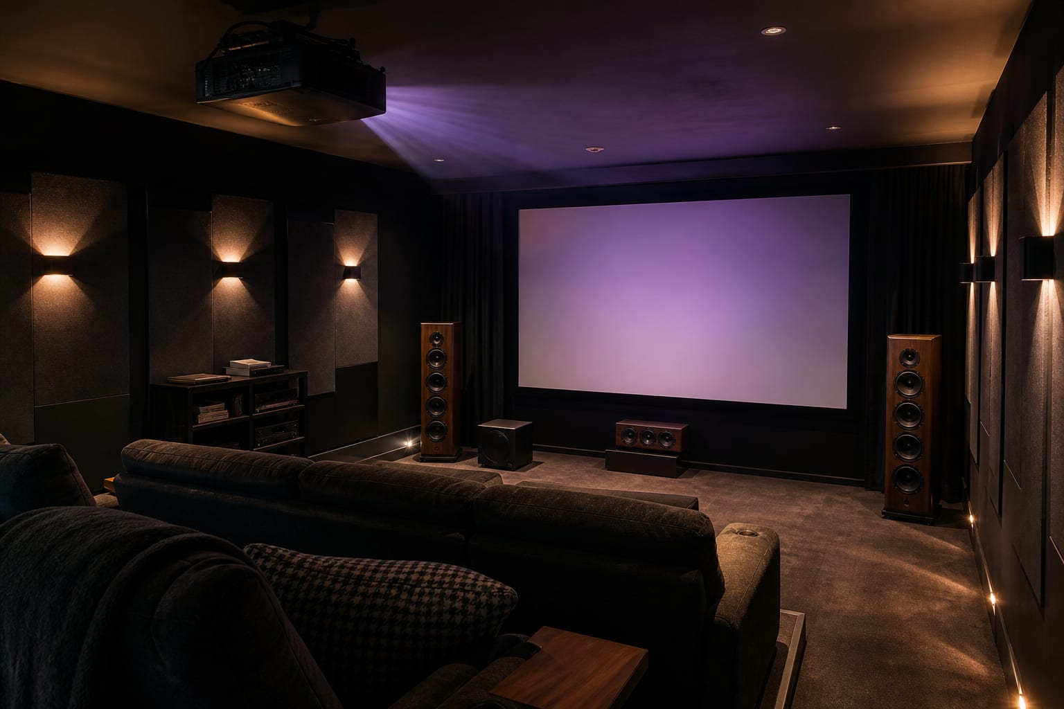 Conceptual dark cinema room with existing projector, screen, speakers and seating